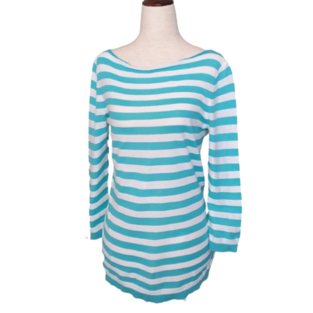 LOFT Lightweight Cotton Sweater Striped Teal Size Small